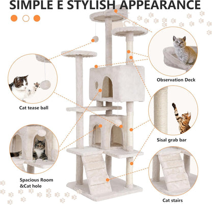 70" Cat Tree for Indoor Cats - Multi-Level Tower Kitten to Large Cats - Heavy Duty Scratching Post, Condo, Plush Perch, Beige