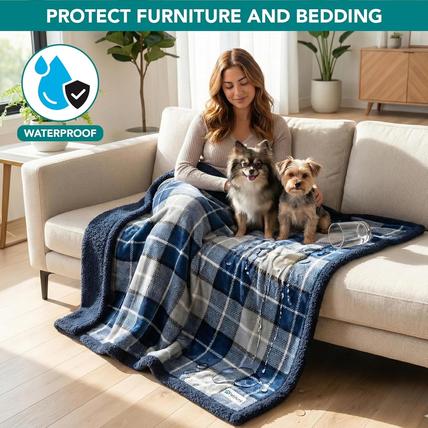 Reversible Waterproof Pet Blanket for Small Dogs and Cats, 29" x 40", Light Grey Plaid, 460 GSM Sherpa Fleece, Pee-Proof Furniture Protector for Couch, Sofa, Kennel, and Crate, Machine Washable