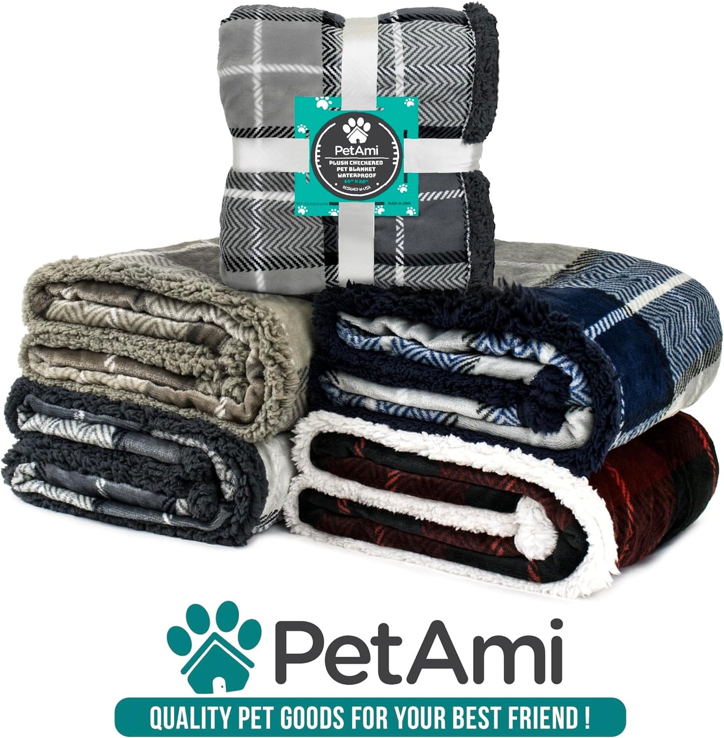 Reversible Waterproof Pet Blanket for Small Dogs and Cats, 29" x 40", Light Grey Plaid, 460 GSM Sherpa Fleece, Pee-Proof Furniture Protector for Couch, Sofa, Kennel, and Crate, Machine Washable