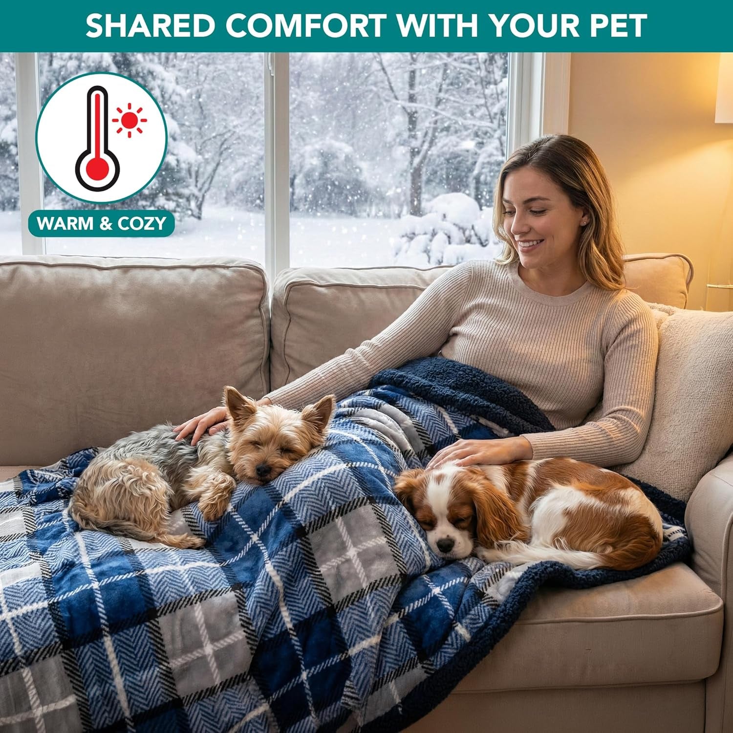 Reversible Waterproof Pet Blanket for Small Dogs and Cats, 29" x 40", Light Grey Plaid, 460 GSM Sherpa Fleece, Pee-Proof Furniture Protector for Couch, Sofa, Kennel, and Crate, Machine Washable