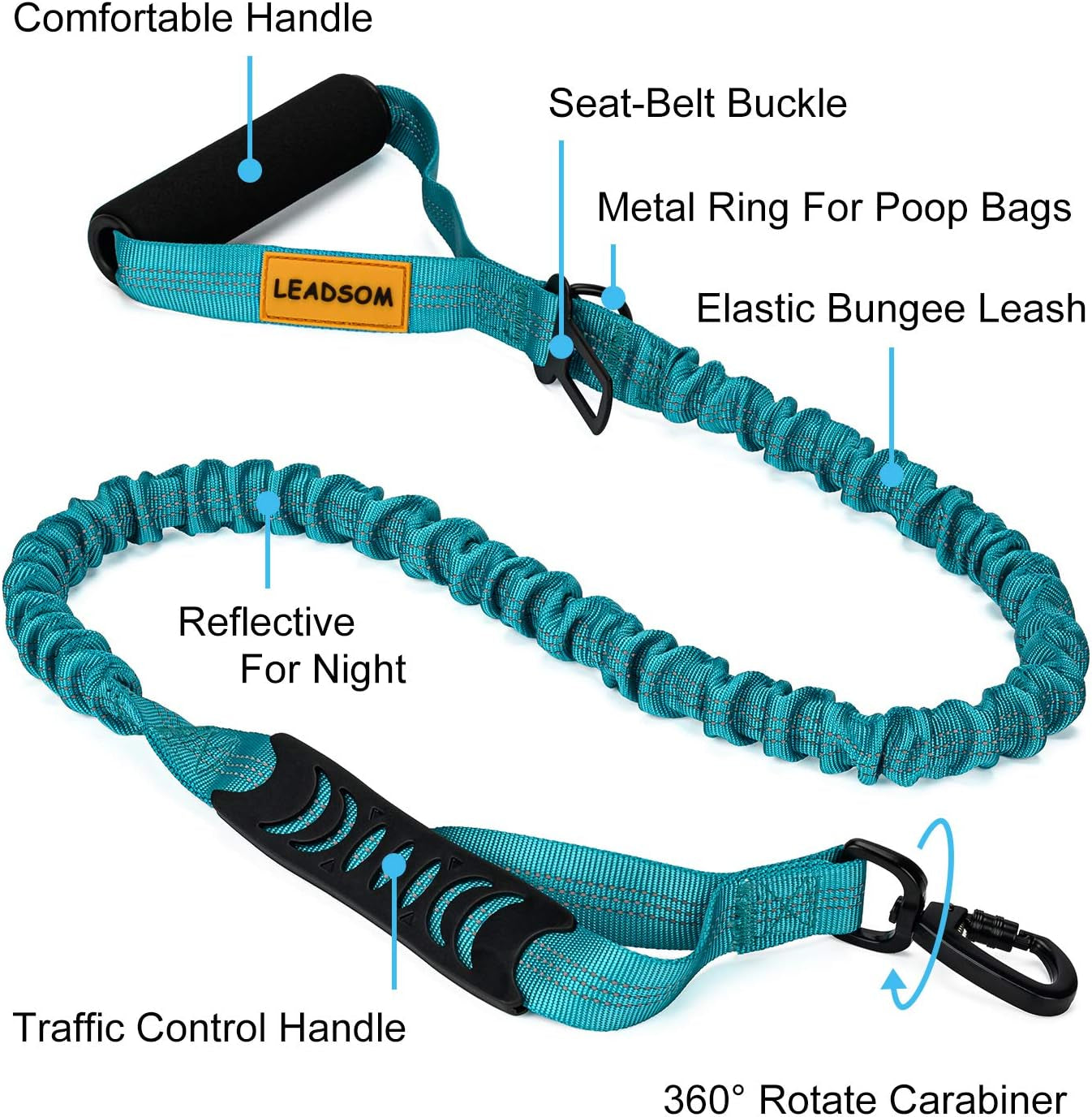 6FT Heavy-Duty Elastic Bungee Dog Leash with Shock Absorption, Padded Comfort Handle, and Traffic Control Handle for Medium to Large Dogs - Ideal for Training