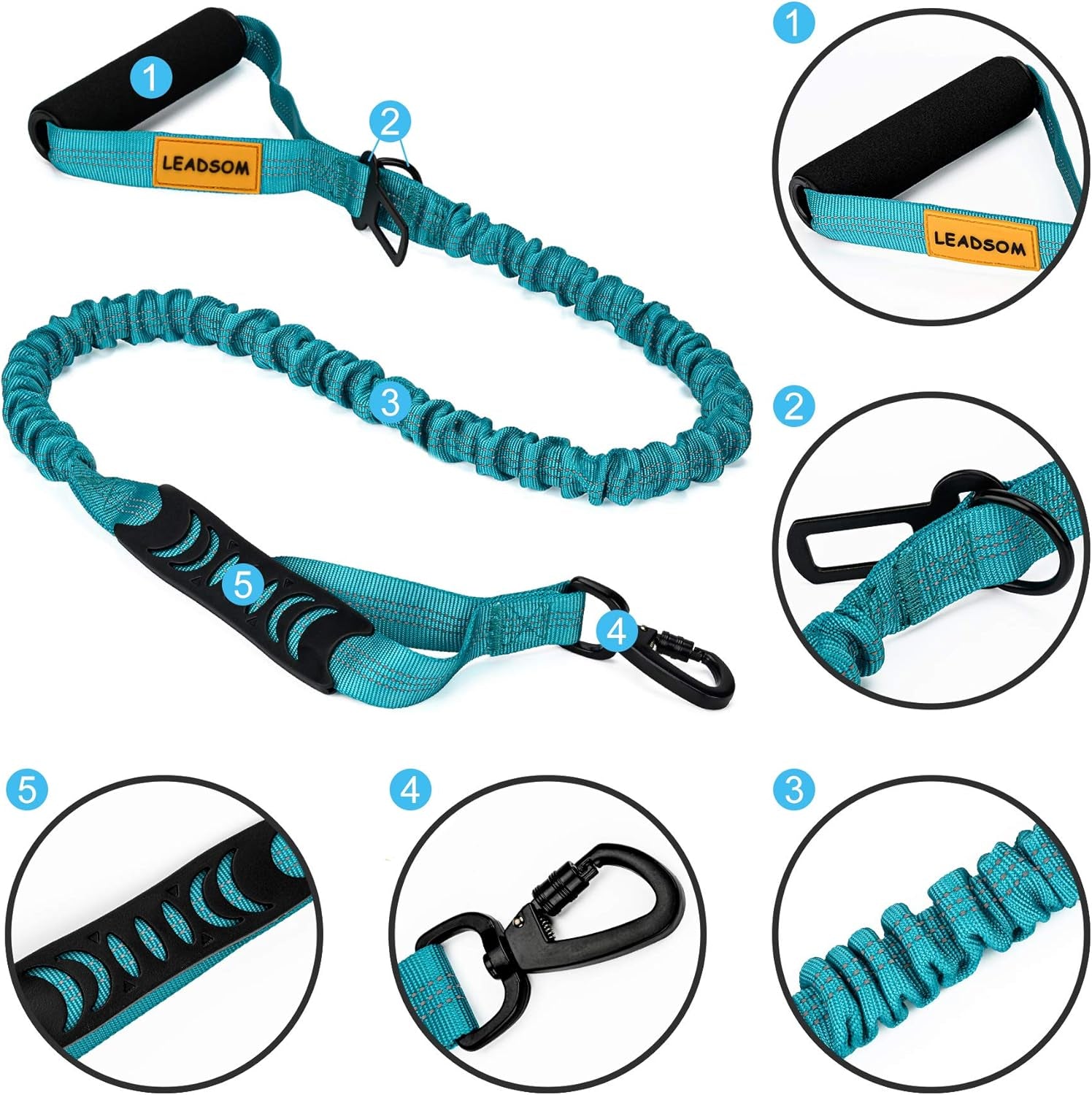6FT Heavy-Duty Elastic Bungee Dog Leash with Shock Absorption, Padded Comfort Handle, and Traffic Control Handle for Medium to Large Dogs - Ideal for Training