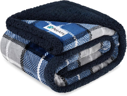 Reversible Waterproof Pet Blanket for Small Dogs and Cats, 29" x 40", Light Grey Plaid, 460 GSM Sherpa Fleece, Pee-Proof Furniture Protector for Couch, Sofa, Kennel, and Crate, Machine Washable