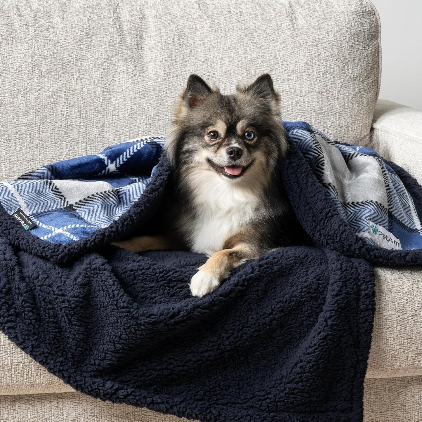 Reversible Waterproof Pet Blanket for Small Dogs and Cats, 29" x 40", Light Grey Plaid, 460 GSM Sherpa Fleece, Pee-Proof Furniture Protector for Couch, Sofa, Kennel, and Crate, Machine Washable